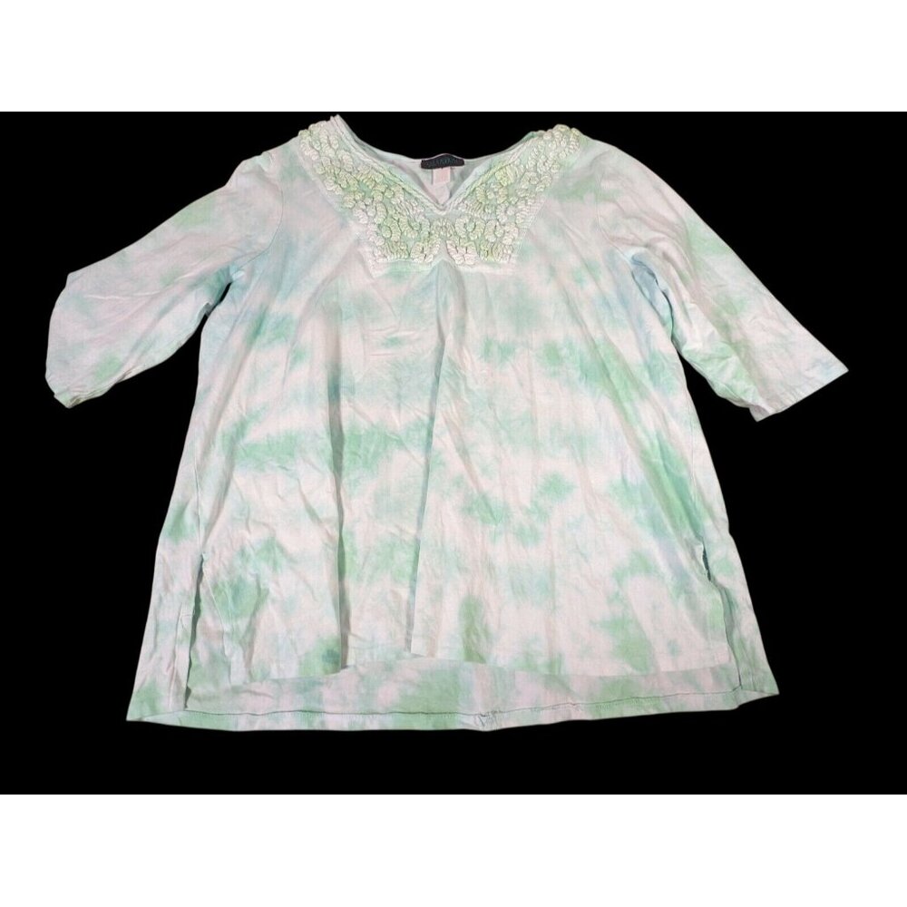 Ulla Popken Womens Plus Tunic Top Embroidered Mint Green Beach Resort Boho 22/24